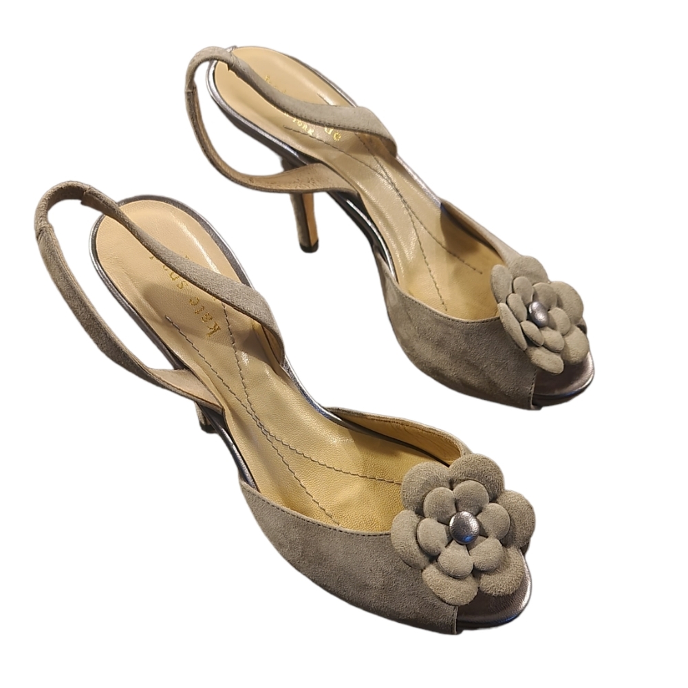 Kate Spade $218 Gray Suede 3D Flower Peep Toe Sling Back Heels 6 - Picture 1 of 10